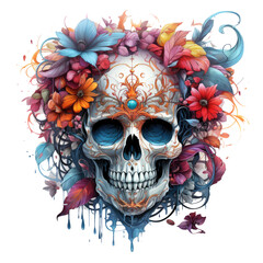 A whimsical Halloween Skull t-shirt design, presenting a skull adorned with whimsical elements like fairy wings and colorful feathers, Generative Ai