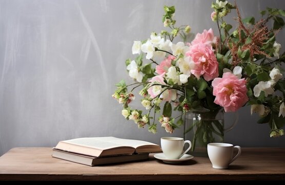 Moody spring still life. Wooden bench, table composition with cup of coffee, tea and old books. Beautiful floral bouquet with white, pink tulips, daffodils. green guelder rose flowers, Generative AI