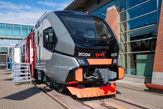 SAINT PETERSBURG, RUSSIA - AUGUST 27, 2023: New Russian suburban electric train EP2DM at the railway forum "PRO//Dvizhenie.Expo"