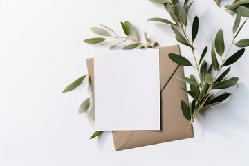 Summer wedding stationery. Blank greeting card, invitation mock-up scene with craft envelope Blooming green olive tree leaves, branch isolated on table background. Mediterranean flat lay, Generative A