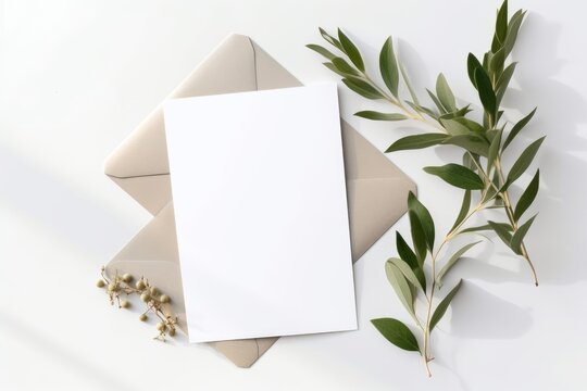 Summer wedding stationery. Blank greeting card, invitation mock-up scene with craft envelope Blooming green olive tree leaves, branch isolated on table background. Mediterranean flat lay, Generative A