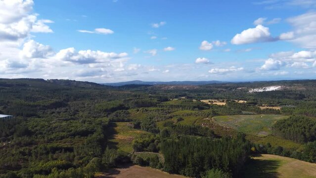 Ancient Cultural Heritage Santalla de Boveda in Galicia, Lugo, Spain. 4k DJI Mini 2. - Agroforestry Landscape Panorama