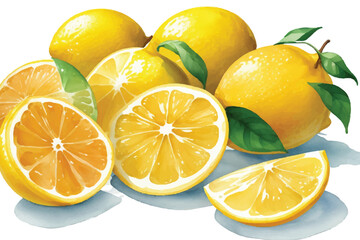 Watercolor fresh juicy testy lemon fruit vector art illustration on white background.
