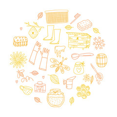 Fototapeta na wymiar Vector round collection of beekeeping and honey items hand-drawn in doodle style