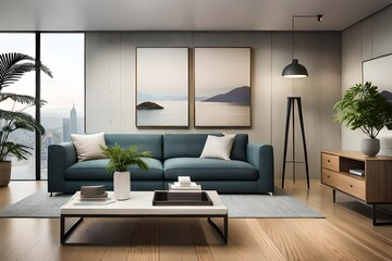 Naklejka na ściany i meble A minimalist living room with sleek furniture neutral tones and strategically placed artistic accents
