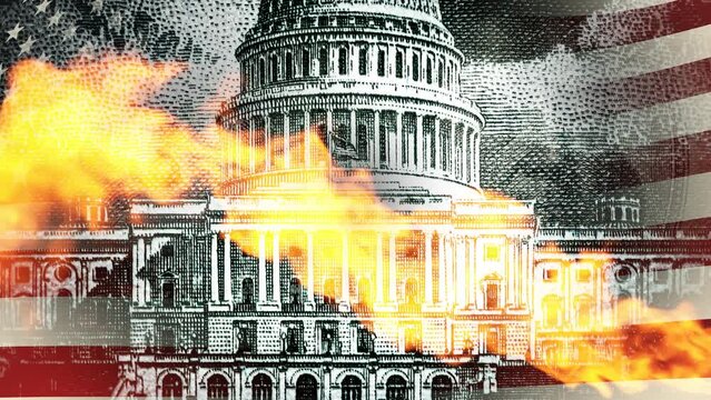 The US Capitol, portraits of Franklin and Washington with luminous eyes, a rotating pyramid with an eye on top, a jet of flame. Conspiracy theory. 4k slow motion video collage.
