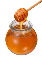 pote de vidro com mel de abelha acompanhado de pegador de madeira isolado em fundo transparente