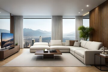 A minimalist living room with sleek furniture neutral tones and strategically placed artistic accents
