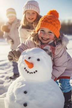 On a cold winter day, a little kids are playing in the snow, building a snowman. Generative AI
