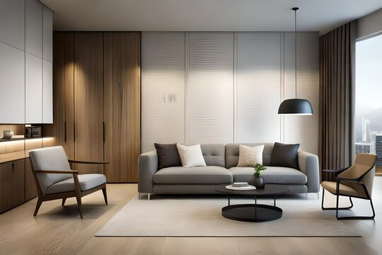 A minimalist living room with sleek furniture neutral tones and strategically placed artistic accents