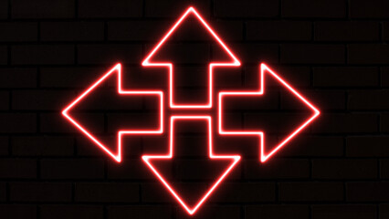 Neon arrow symbol icon. The red-colored arrow points up, down, left, and right. Flashing neon icon to the download arrow.  Directional sign. neon arrow sign