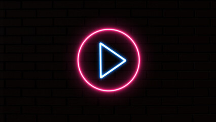 Glowing neon sound pause or play arrow button symbol icon. Music arrow button symbol. neon arrow sign