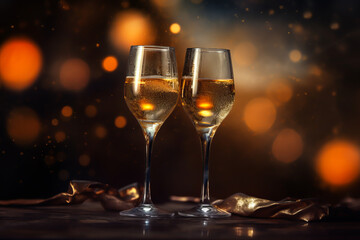 Champagne glass on wooden table and Christmas illumination on background.  illustration of celebrating Christmas and New Year