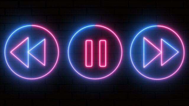 Glowing neon sounds play, fast forward and backward arrow button symbol icon. Music arrow button symbol. neon arrow sign