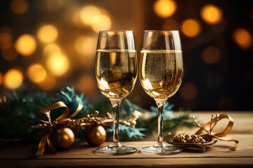 Champagne glasses on wooden table and Christmas illumination on background.  illustration of celebrating Christmas and New Year
