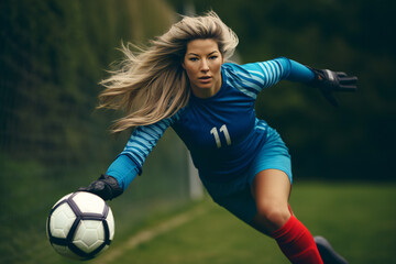 Female blonde goalkeeper in an exciting soccer match
