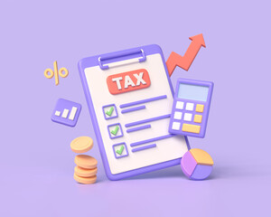 3d checklist with check mark, up arrow, calculator, coins, chart, percent sign. business tax payment concept. financial annual report. illustration isolated on purple background. 3D rendering