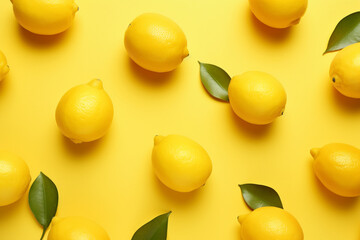 Top view of whole lemon fruits on bright yellow background - obrazy, fototapety, plakaty