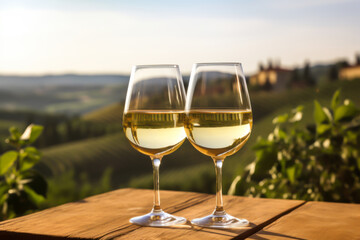 Two glasses of white wine on wooden table and beautiful Italy landscape on background.  illustration for travel postcard or commercial ad.