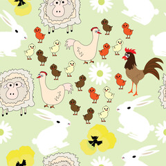 Seamless pattern with domestic animals and flowers