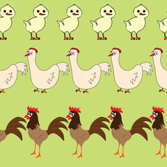 Seamless pattern with repeating chick hen and rooster