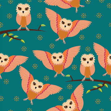 Seamless owl pattern with tuquoise background