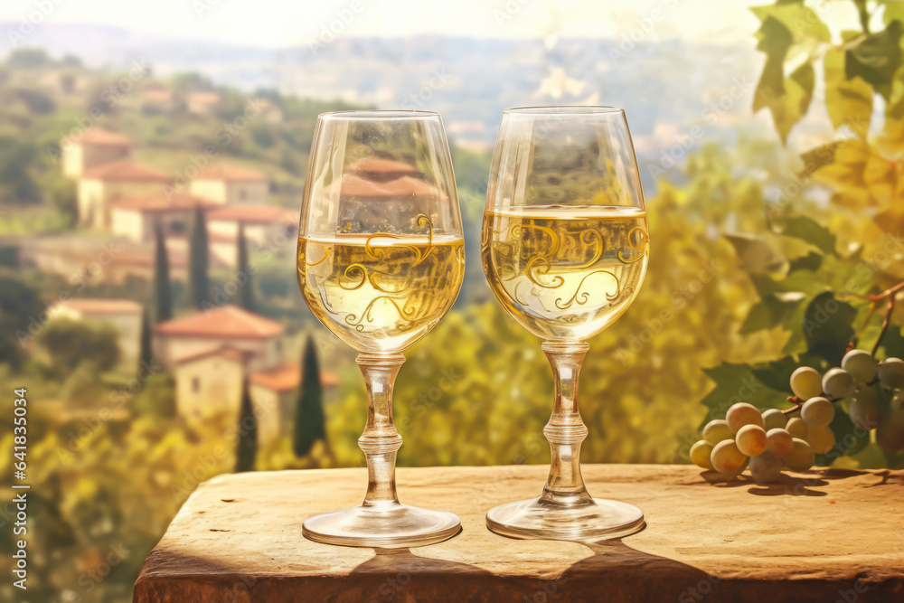 Wall mural Two glasses of white wine on wooden table and beautiful Italy landscape on background.  illustration for travel postcard or commercial ad.