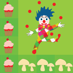background for table napkins with clown playing with red balls muffin and mushrooms