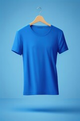 Blue T-shirt on a hanger against the backdrop of a Blue product showroom.generative AI