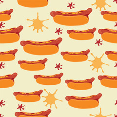 Seamless hot dog pattern with spots of mustard and ketchup