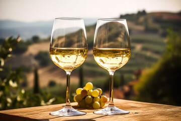 Two glasses of white wine on wooden table and beautiful Italy landscape on background.  illustration for travel postcard or commercial ad.