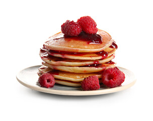 Plate of tasty pancakes with raspberries isolated on white background