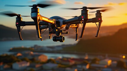 A drone filming aerial shots or completing a task