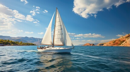 Obraz premium A yacht sailing on a clear blue sea under a sunny sky