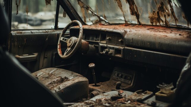 Abandoned car, interior view.
