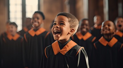 Afro american boy singing on a gospel choir. - obrazy, fototapety, plakaty