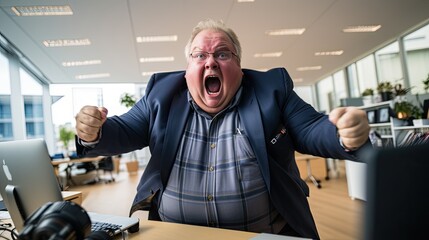 Overweight stressed man screaming in the office. - obrazy, fototapety, plakaty