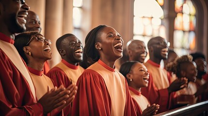 Afro american young woman singing excited in church gospel choir. - obrazy, fototapety, plakaty