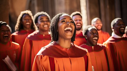 Afro american young woman singing excited in church gospel choir.