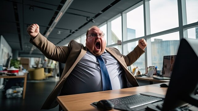 Overweight stressed man screaming in the office.
