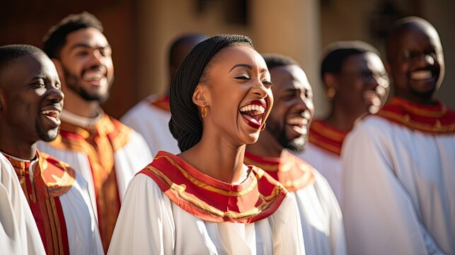 Afro american young woman singing excited in church gospel choir.