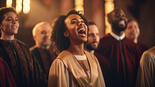 Afro american young woman singing excited in church gospel choir.