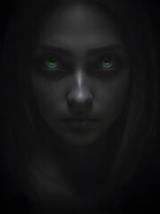 portrait of a ghost woman with glowing eyes covered by a cloth in the shadows