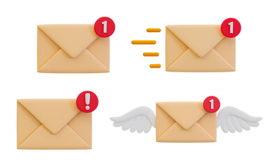 3d minimal online mail sending. fast online communication. set of mail icon with notifications. 3d illustration.