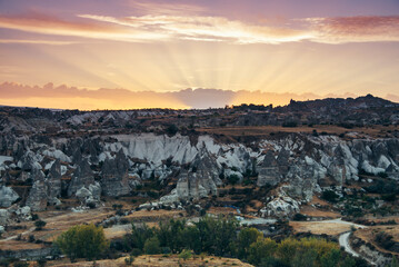 Fototapeta na wymiar Amazing panoramic landscape in Goreme National Park at sunrise. Cappadocia.Turkey. Top attraction travel destinations.
