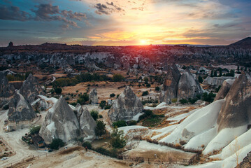 Amazing panoramic landscape in Goreme National Park at sunrise. Cappadocia.Turkey. Top attraction travel destinations. - obrazy, fototapety, plakaty