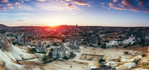 Amazing panoramic landscape in Goreme National Park at sunrise. Cappadocia.Turkey. Top attraction...