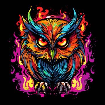 Funny owl against fire flames like phoenix in vector art