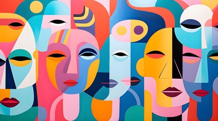 Abstract Social Gathering in Bold Graphic Style with Serene Faces, AI-Generated