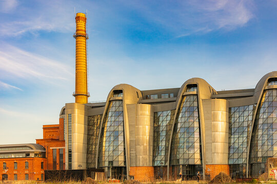 Lodz, Poland - April 21 2023: EC1 cultural center with scientific exhibitions and cultural events in a former power plant with an impressive modern design at sunset